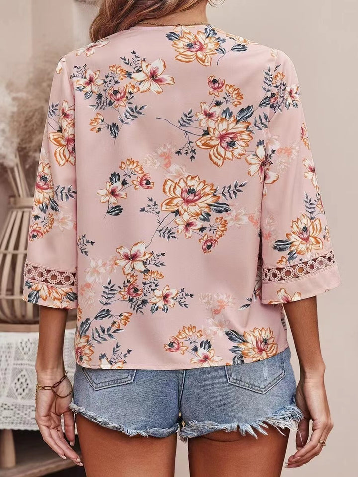 Pink Short Sleeve V Neck Floral Top