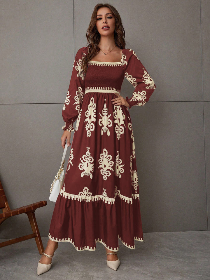 Burgundy Bishop Sleeve Square Neck Printed Dress