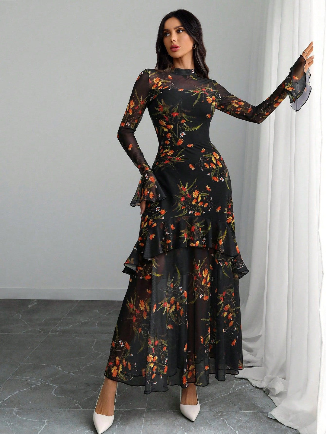 Black Bell Sleeves Printed Tiered Dress