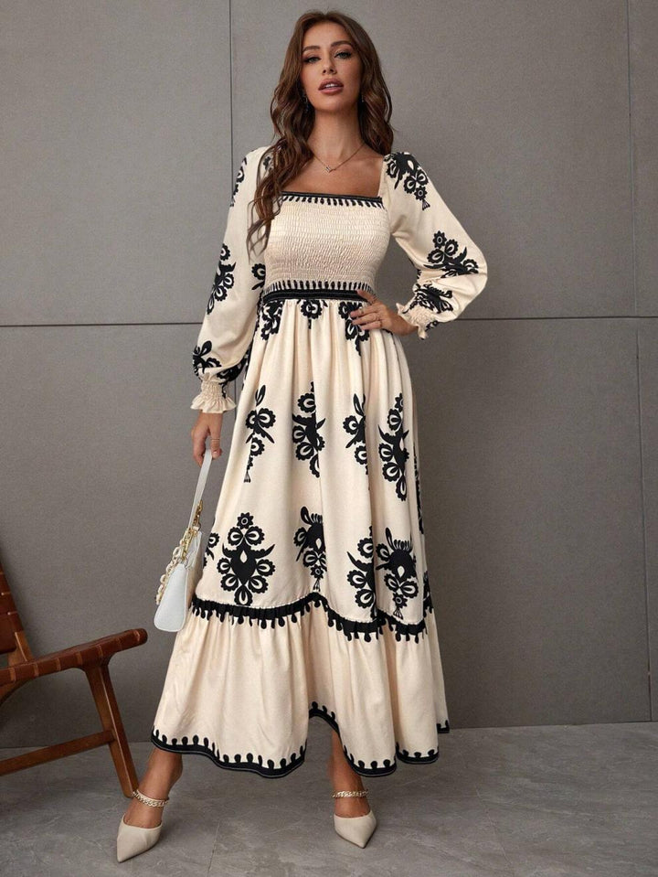 Off-white Bishop Sleeve Square Neck Printed Dress