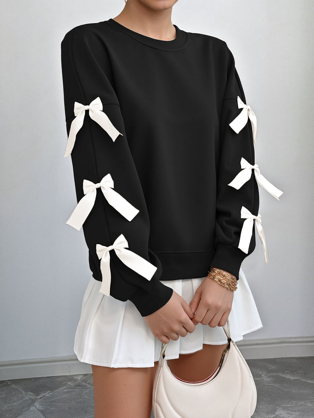 Black Full Sleeve Bow Trim Sweatshirt