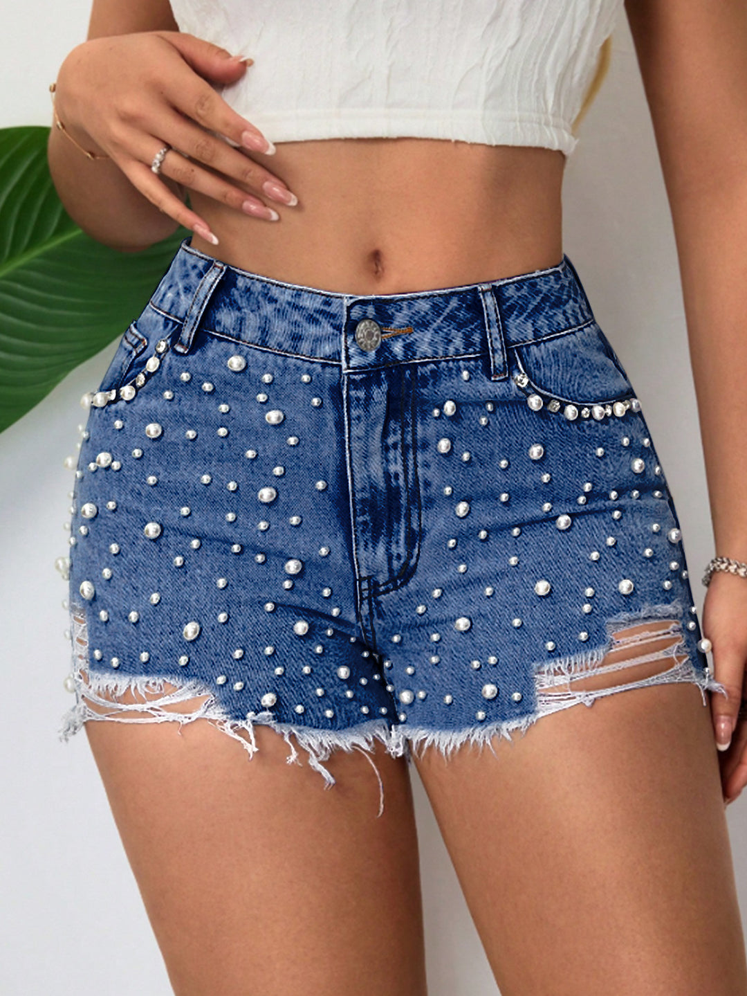 Embellished Distressed Denim Shorts