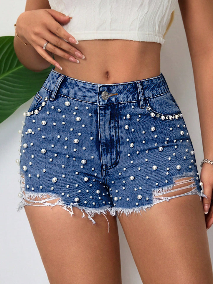 Embellished Distressed Denim Shorts