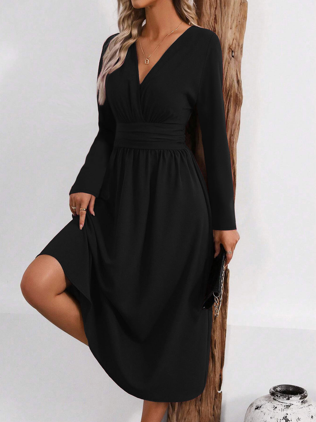 Black Full Sleeve V Neck Flared Dress