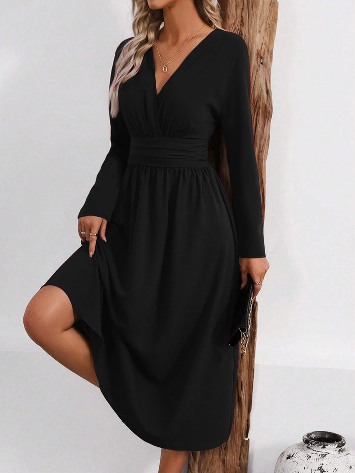 Black Full Sleeve V Neck Flared Dress