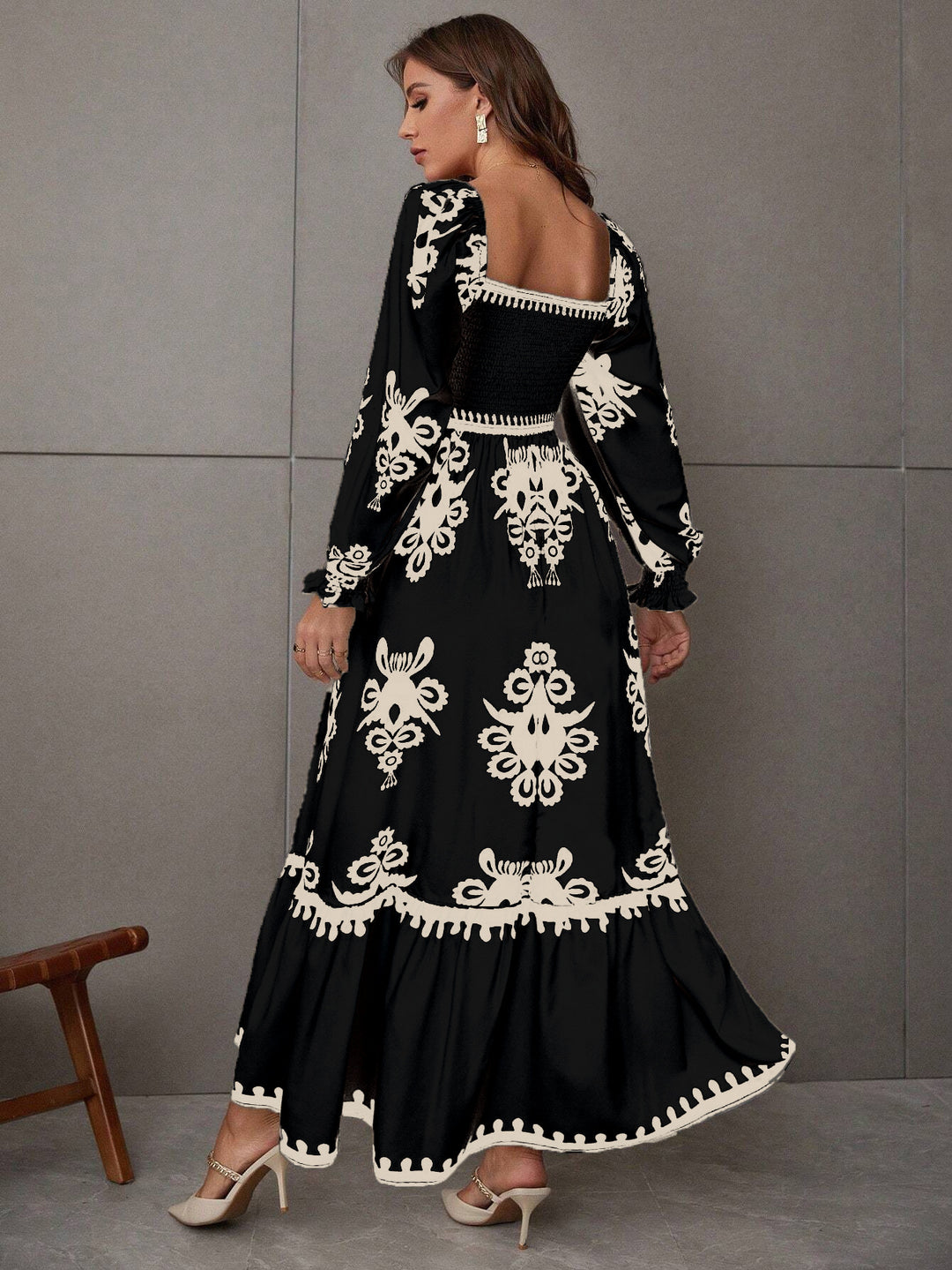 Black Bishop Sleeve Square Neck Printed Dress