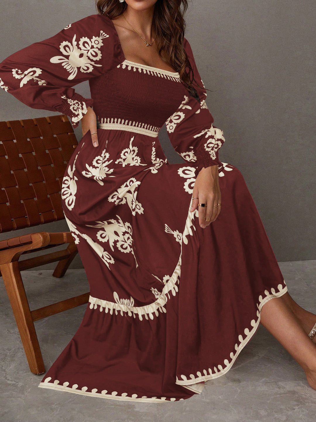 Burgundy Bishop Sleeve Square Neck Printed Dress