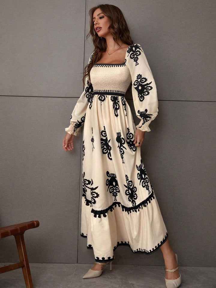 Off-white Bishop Sleeve Square Neck Printed Dress
