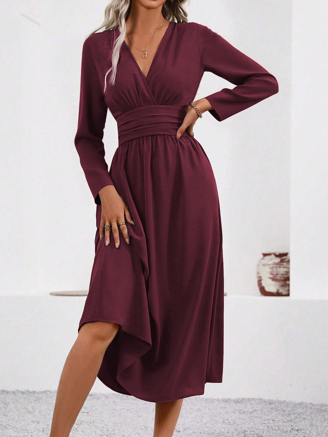 Burgundy Full Sleeve V Neck Flared Dress