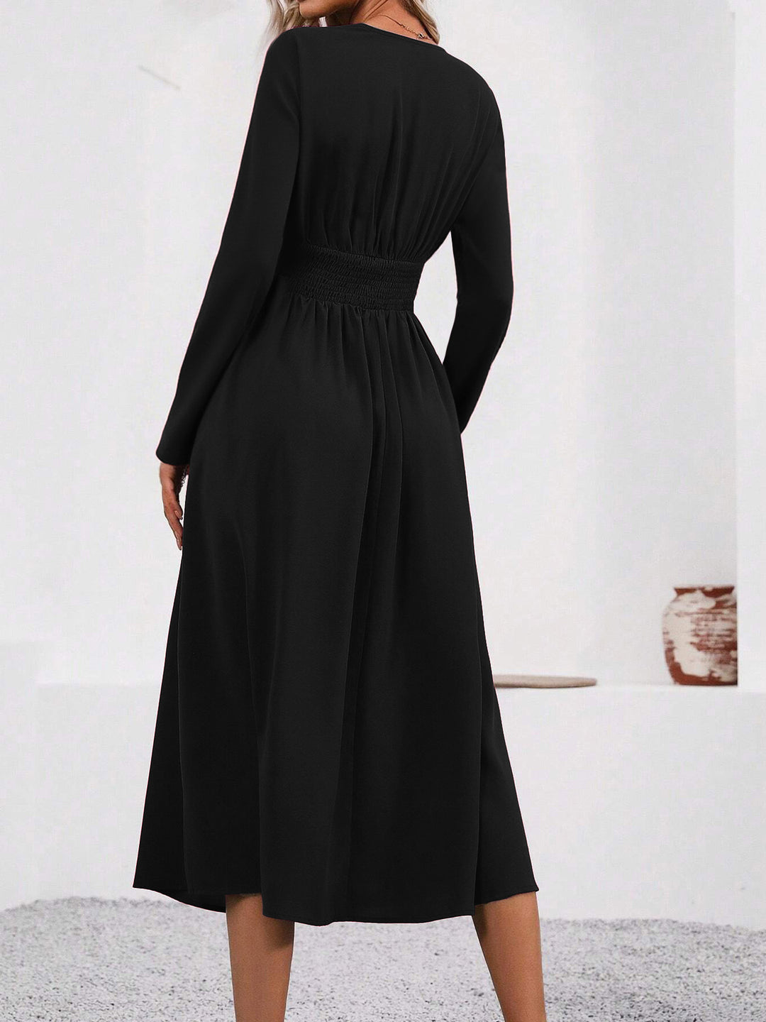 Black Full Sleeve V Neck Flared Dress