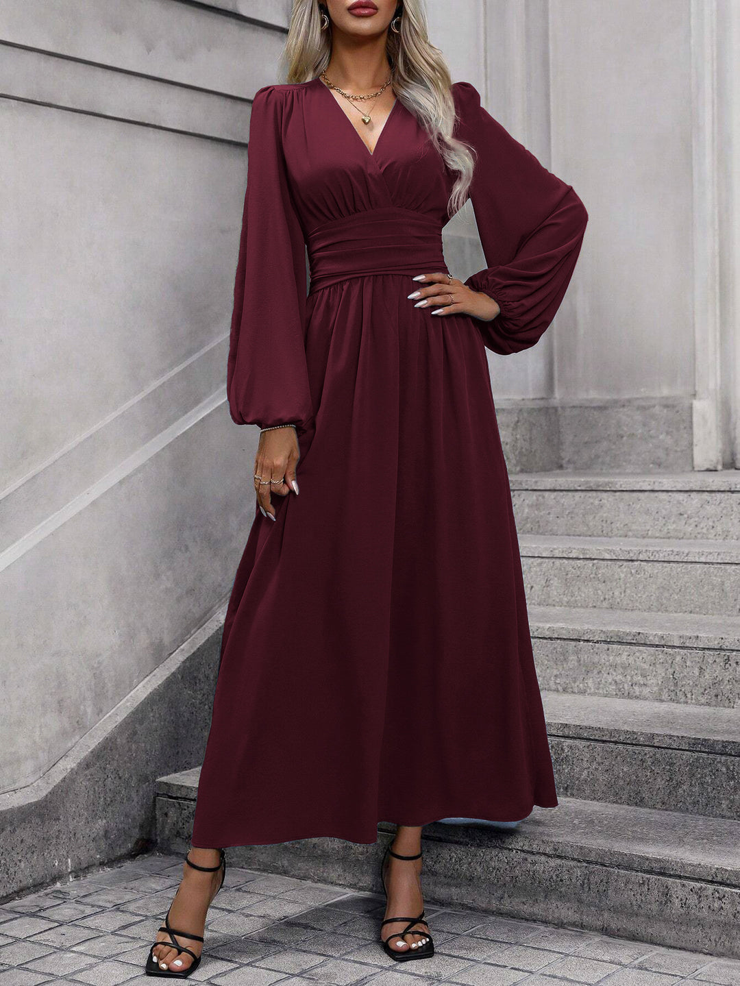 Burgundy Bishop Sleeve V Neck Flared Side Slit Dress