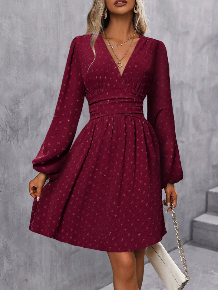 Burgundy Bishop Sleeve V Neck Flared Dress