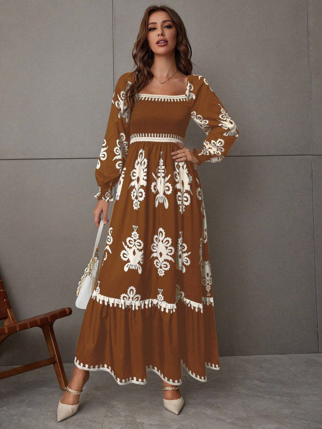 Brown Bishop Sleeve Square Neck Printed Dress