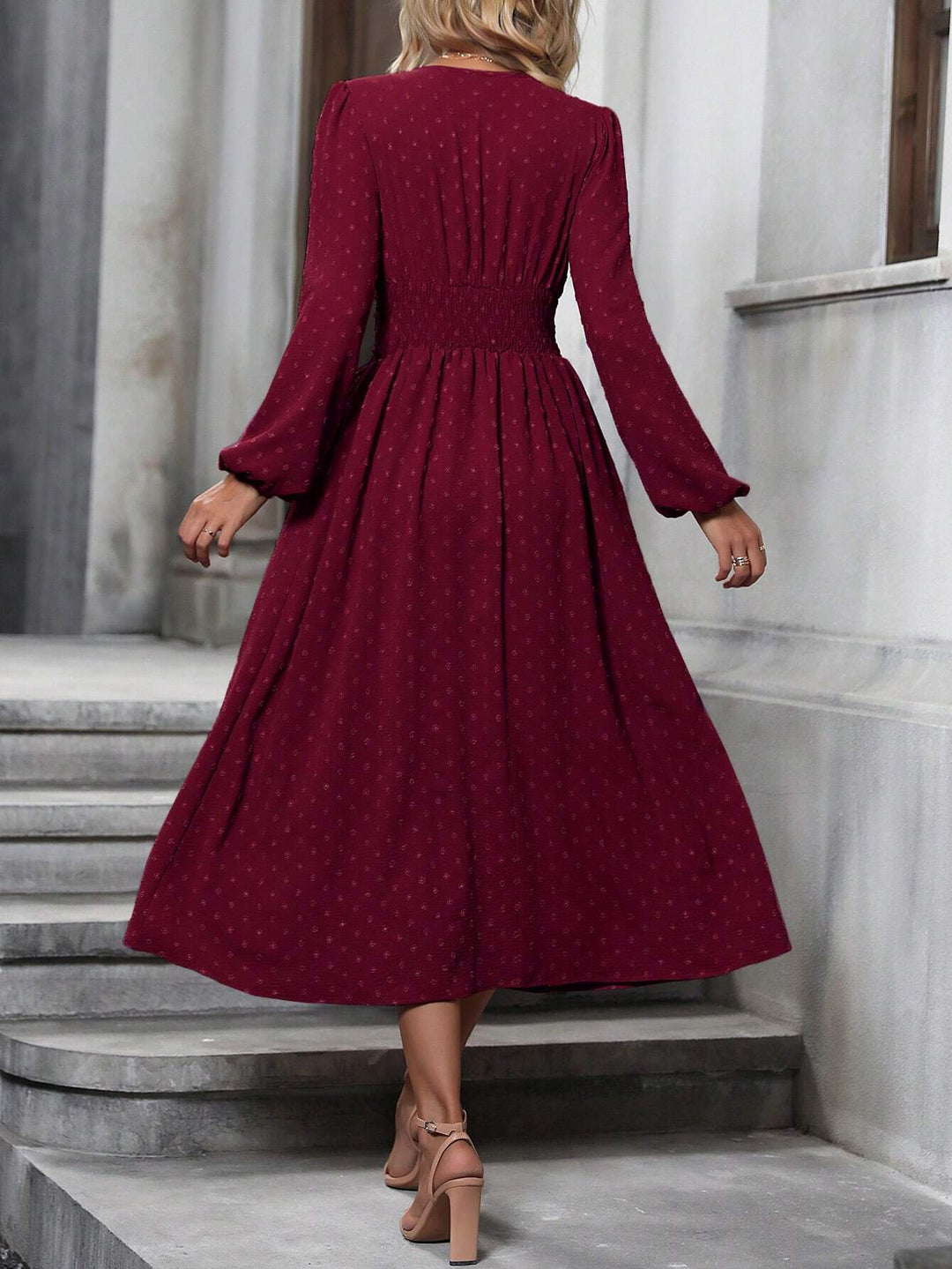 Burgundy Short Sleeve V Neck Flared Dress