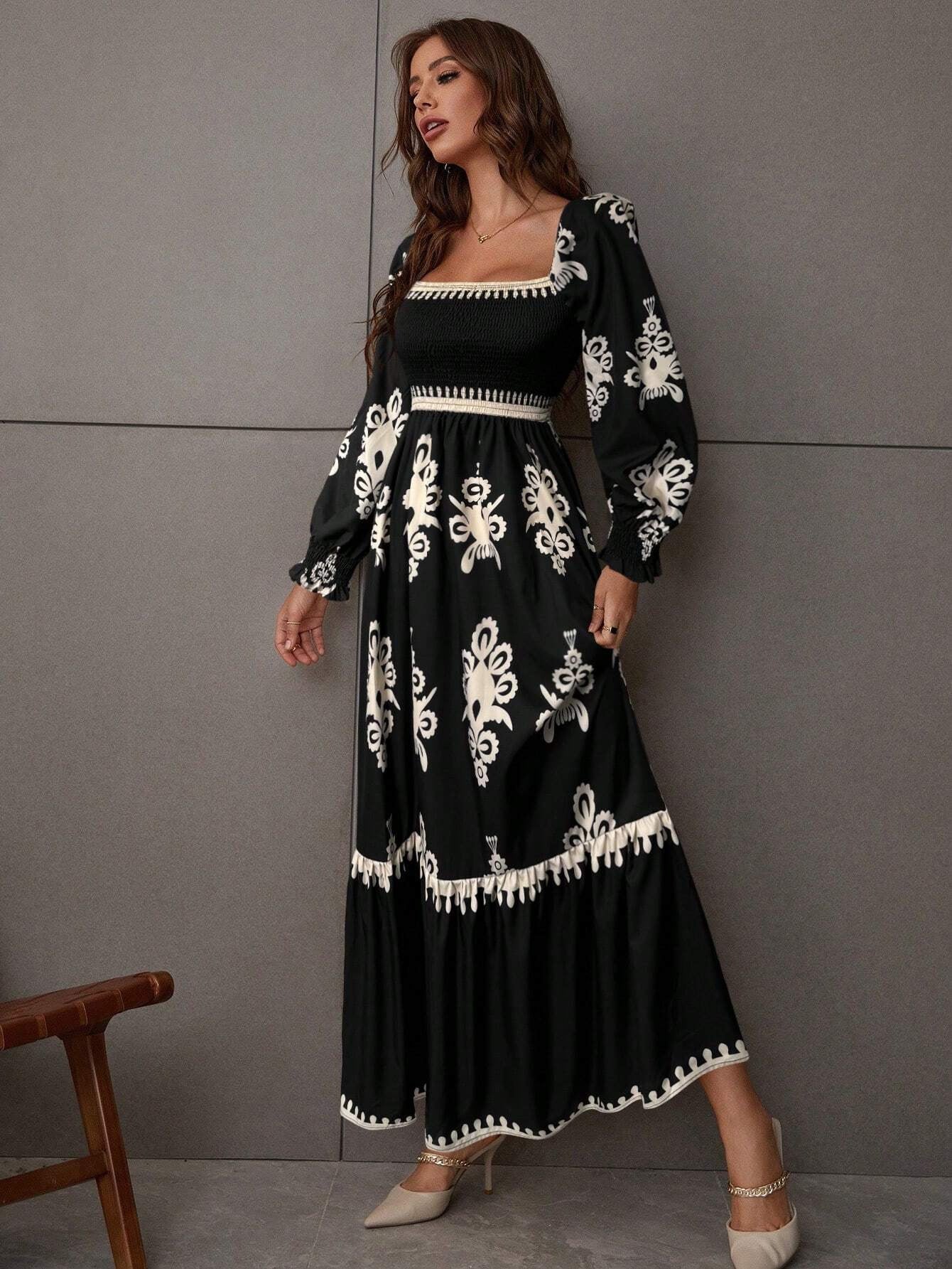 Black Bishop Sleeve Square Neck Printed Dress