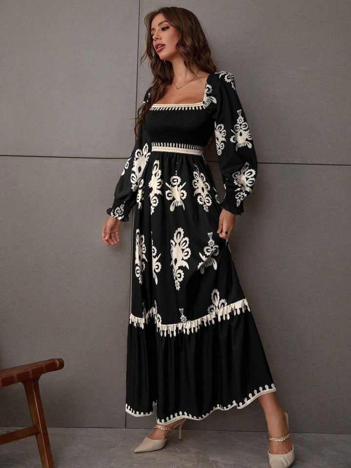 Black Bishop Sleeve Square Neck Printed Dress