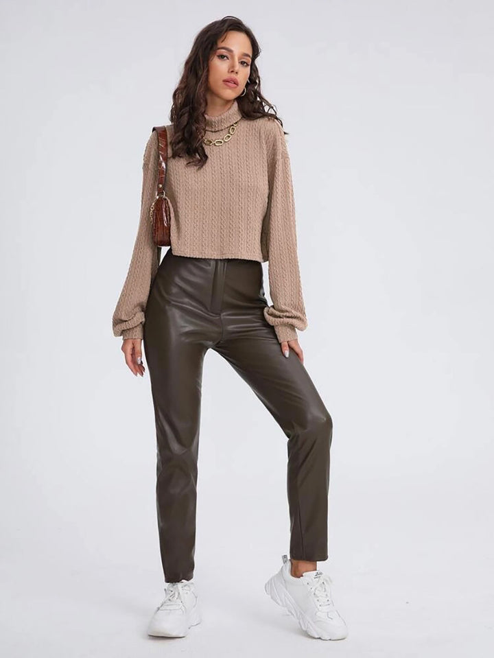Beige Full Sleeve Mock Neck Textured Sweatshirt
