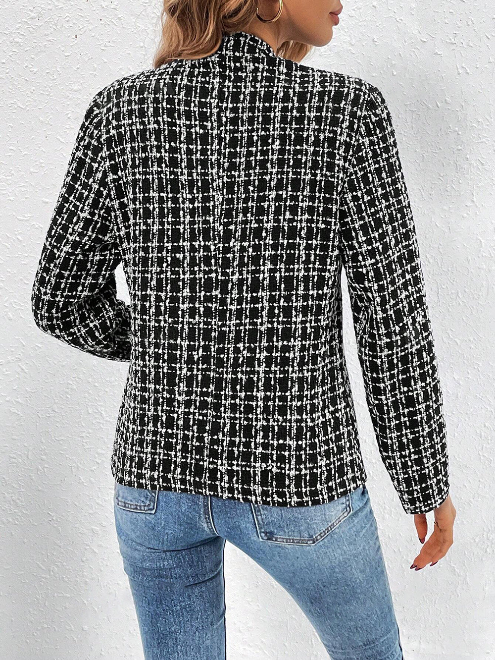 Black Full Sleeve Mandarin Collar Tweed Blazer