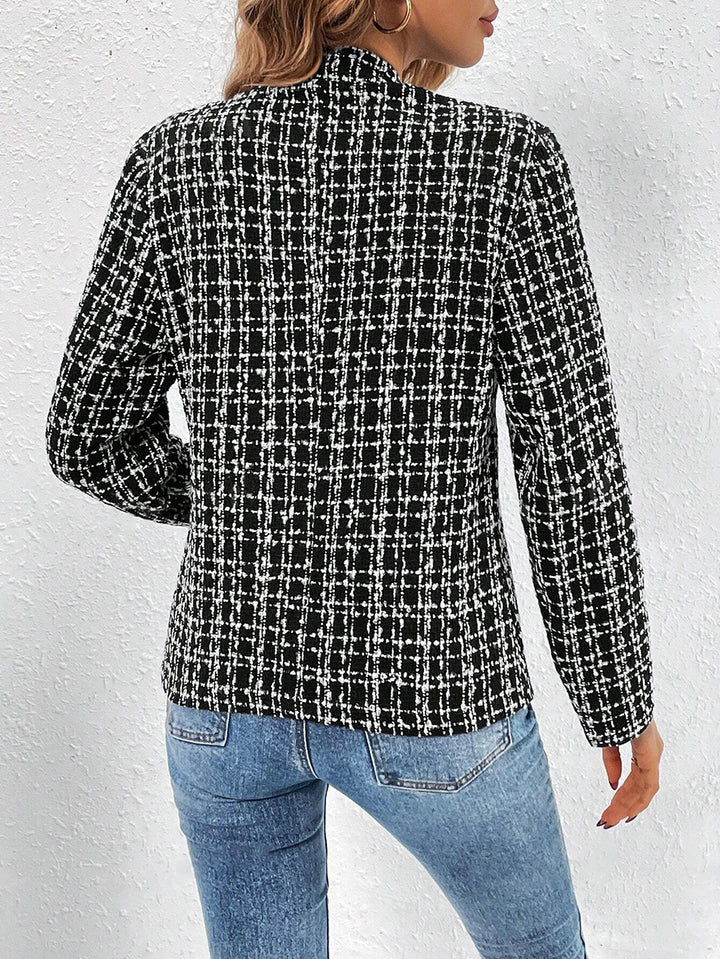 Black Full Sleeve Mandarin Collar Tweed Blazer