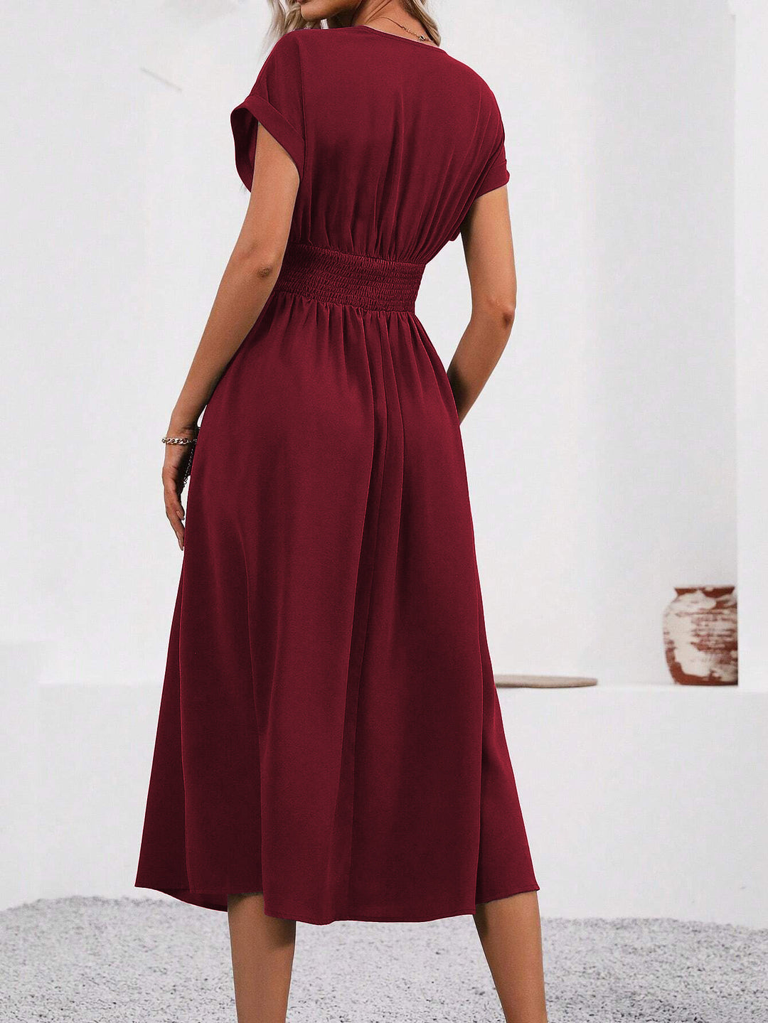 Burgundy Short Sleeve V Neck Dress