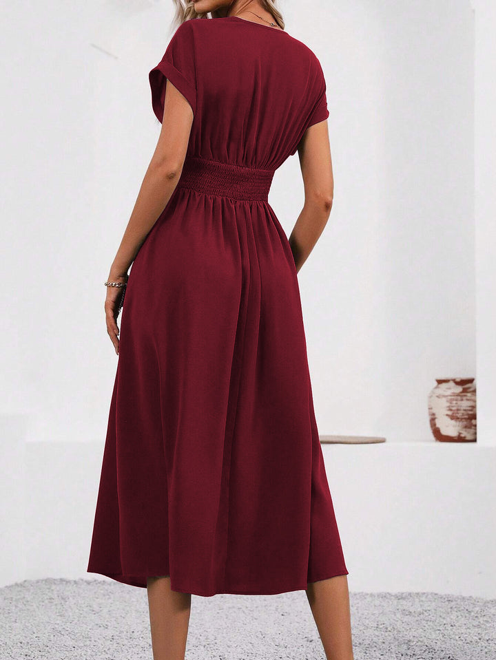 Burgundy Short Sleeve V Neck Dress