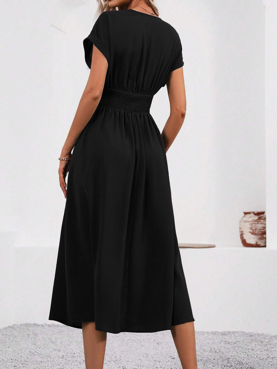 Black Short Sleeve V Neck Dress