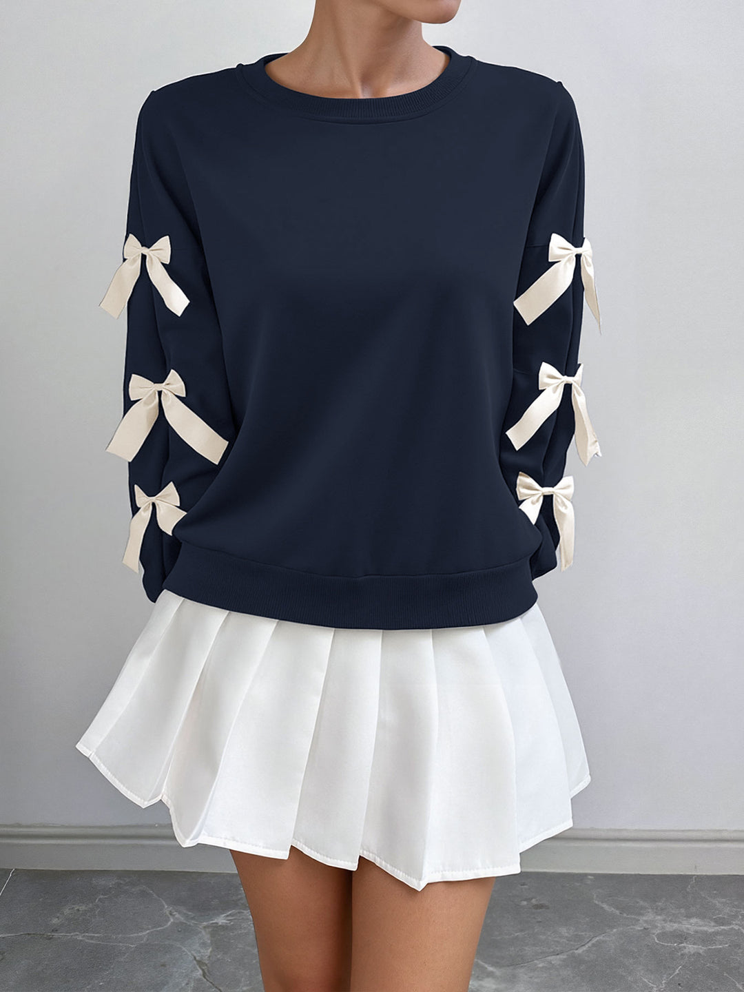Navy Full Sleeve Bow Trim Sweatshirt