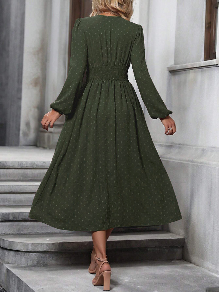 Olive Short Sleeve V Neck Flared Dress