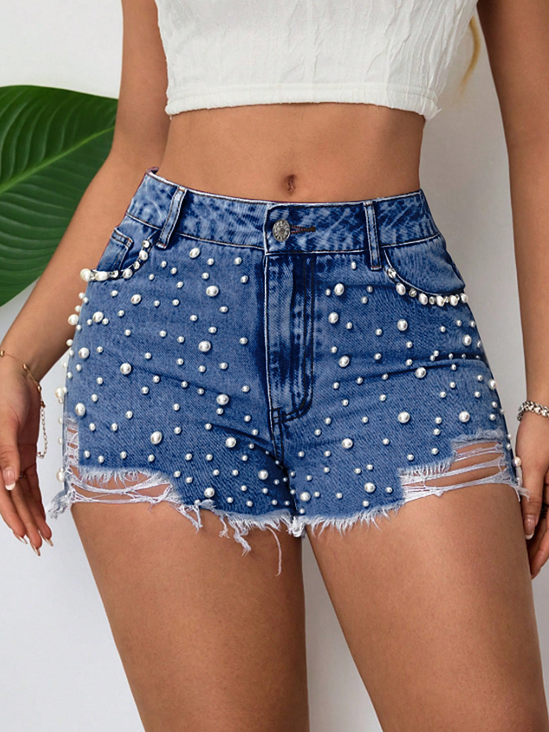 Embellished Distressed Denim Shorts