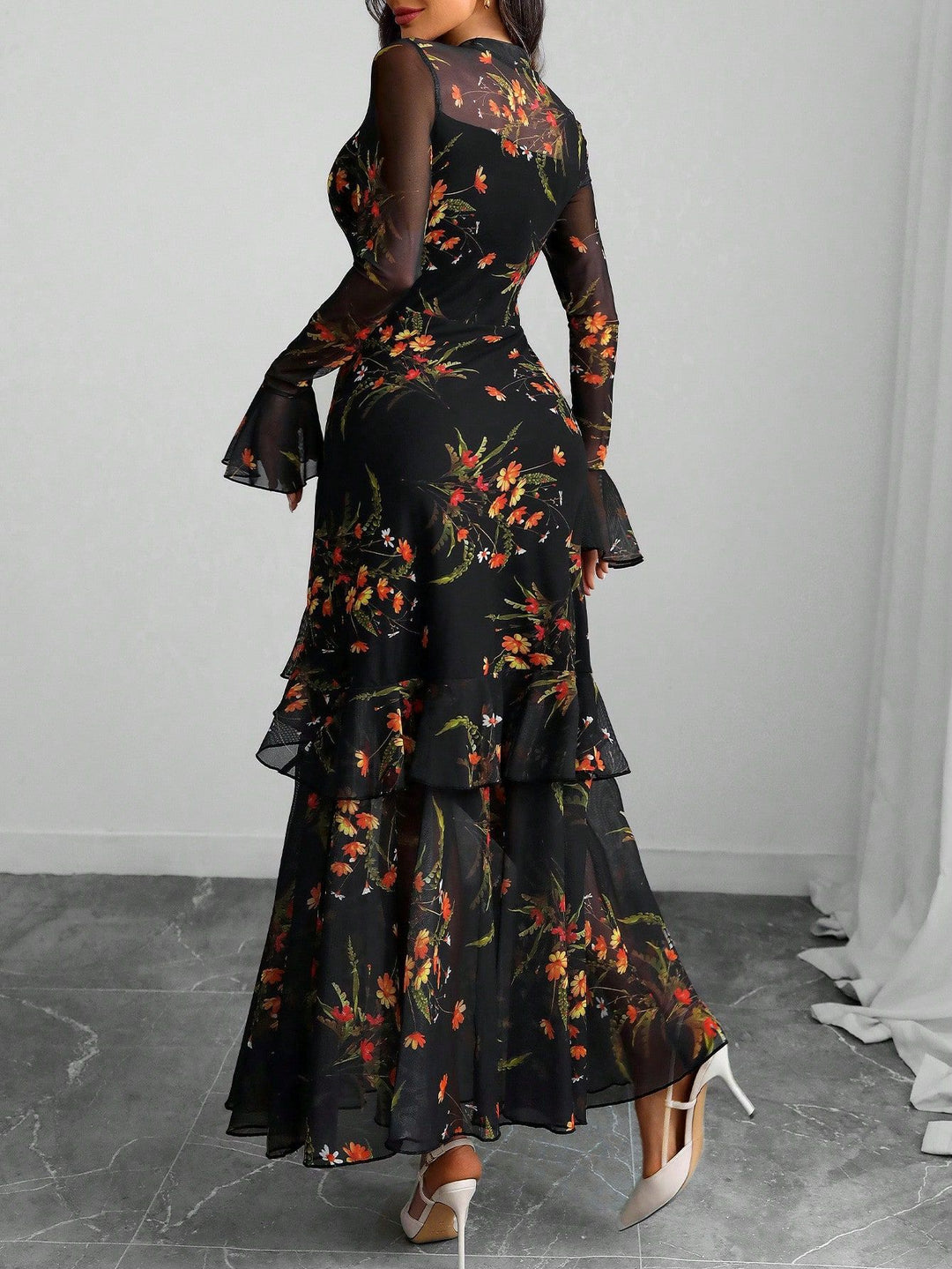 Black Bell Sleeves Printed Tiered Dress