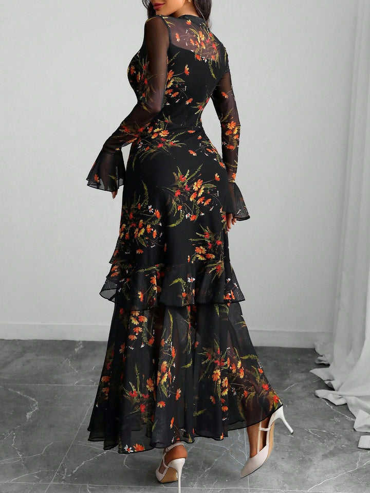 Black Bell Sleeves Printed Tiered Dress