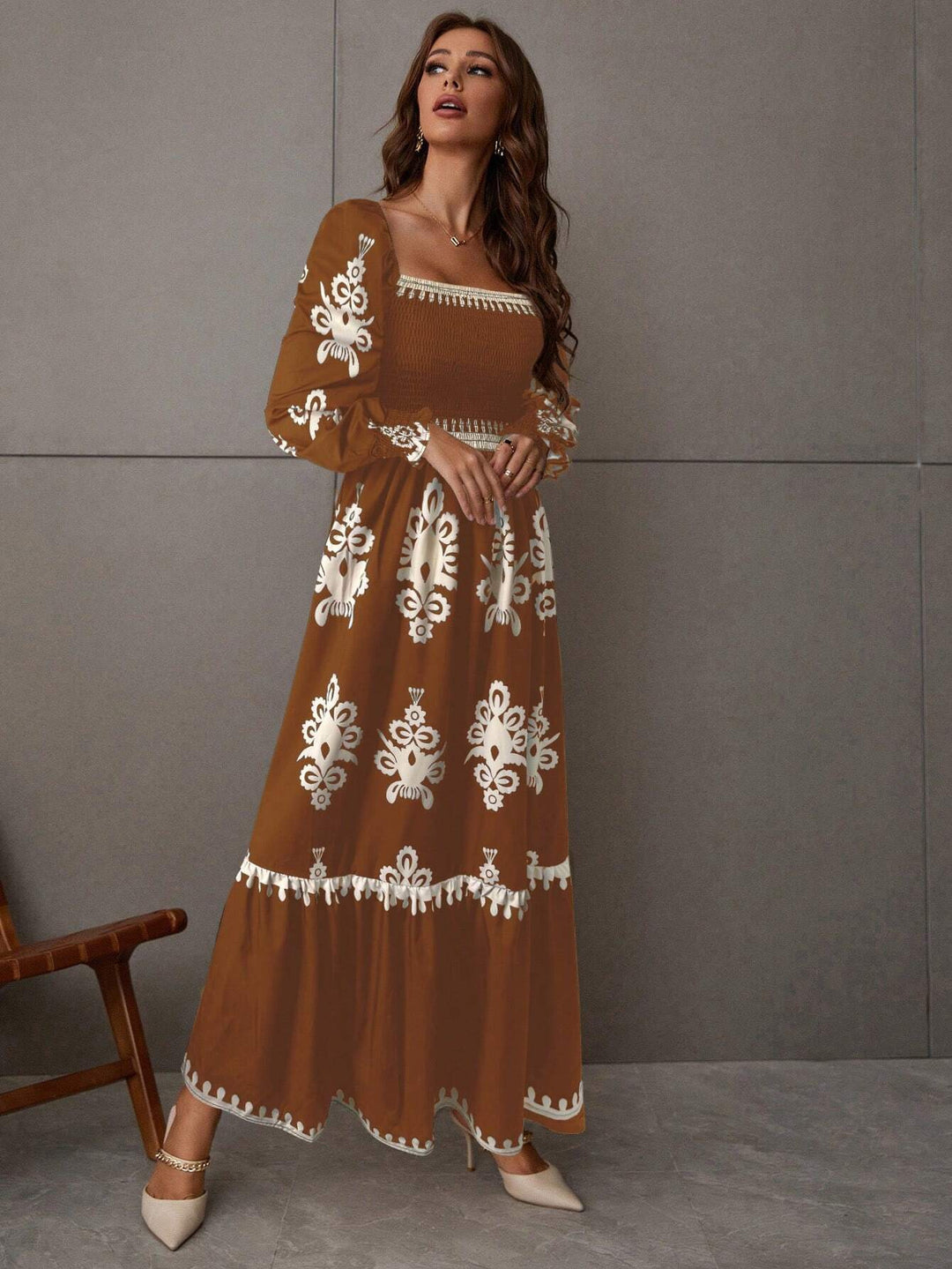 Brown Bishop Sleeve Square Neck Printed Dress