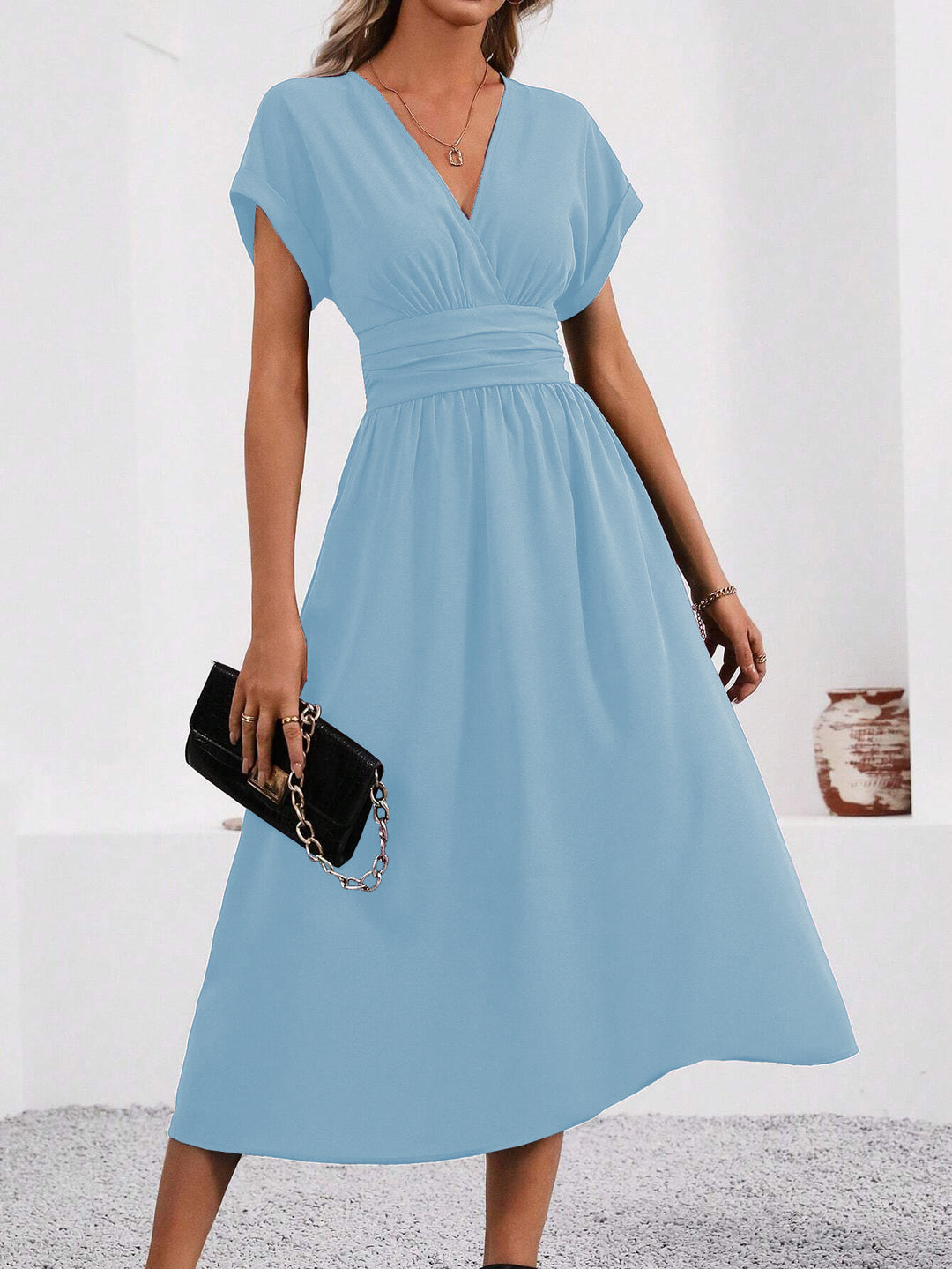 Light Blue Short Sleeve V Neck Dress