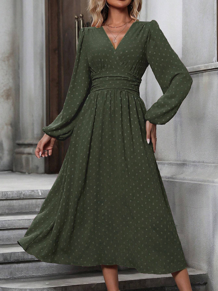 Olive Short Sleeve V Neck Flared Dress