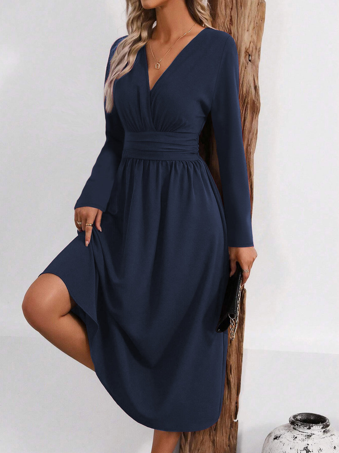 Navy Full Sleeve V Neck Flared Dress
