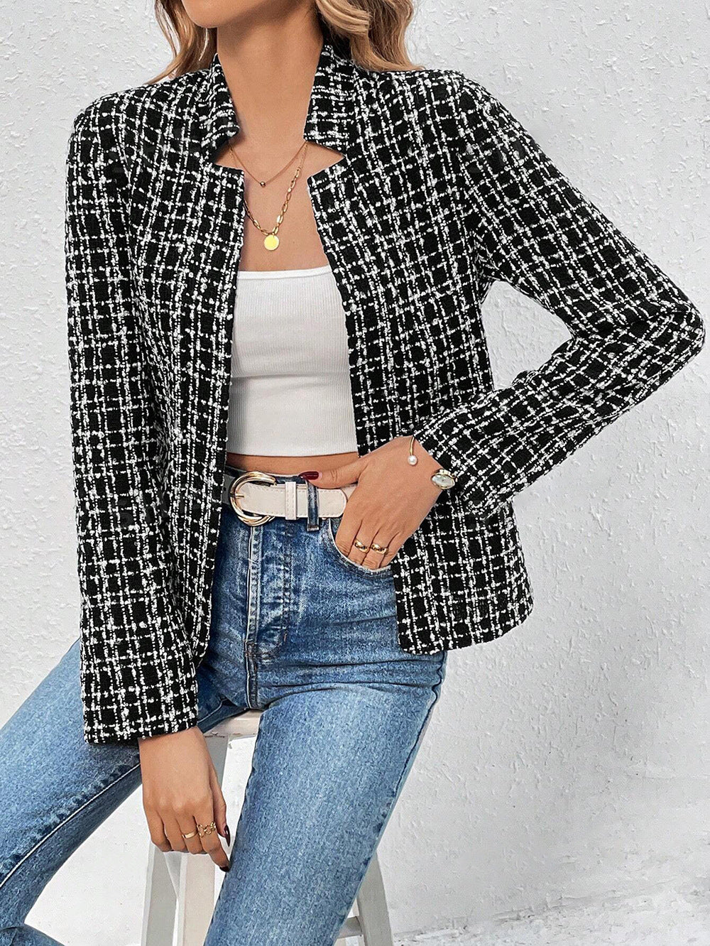Black Full Sleeve Mandarin Collar Tweed Blazer