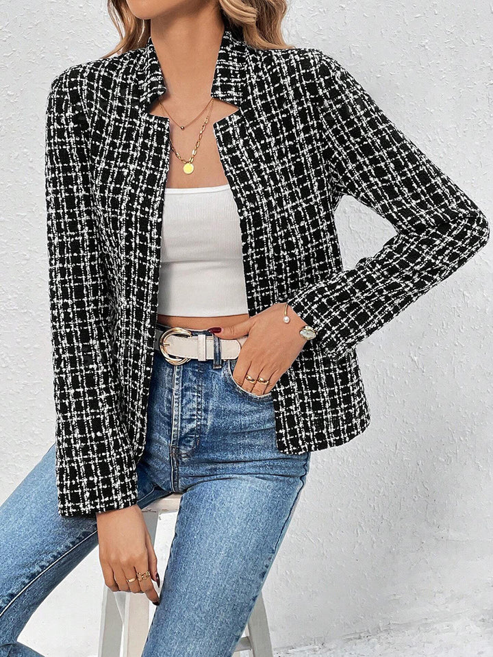 Black Full Sleeve Mandarin Collar Tweed Blazer