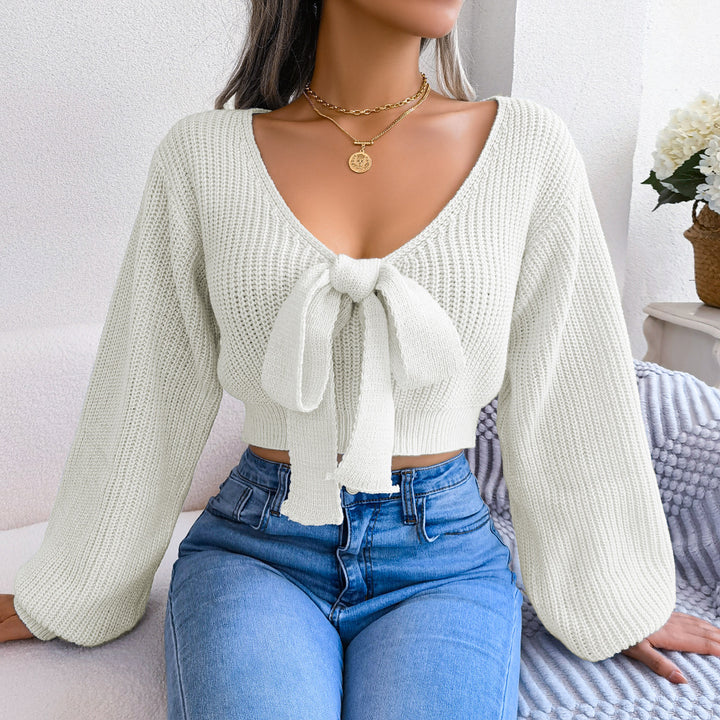 White Scoop Neck Bow Tie Up Sweater