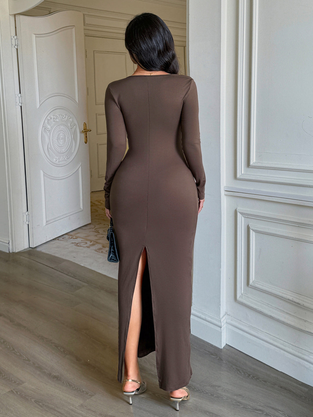 Brown Full Sleeve Waist Detail Dress
