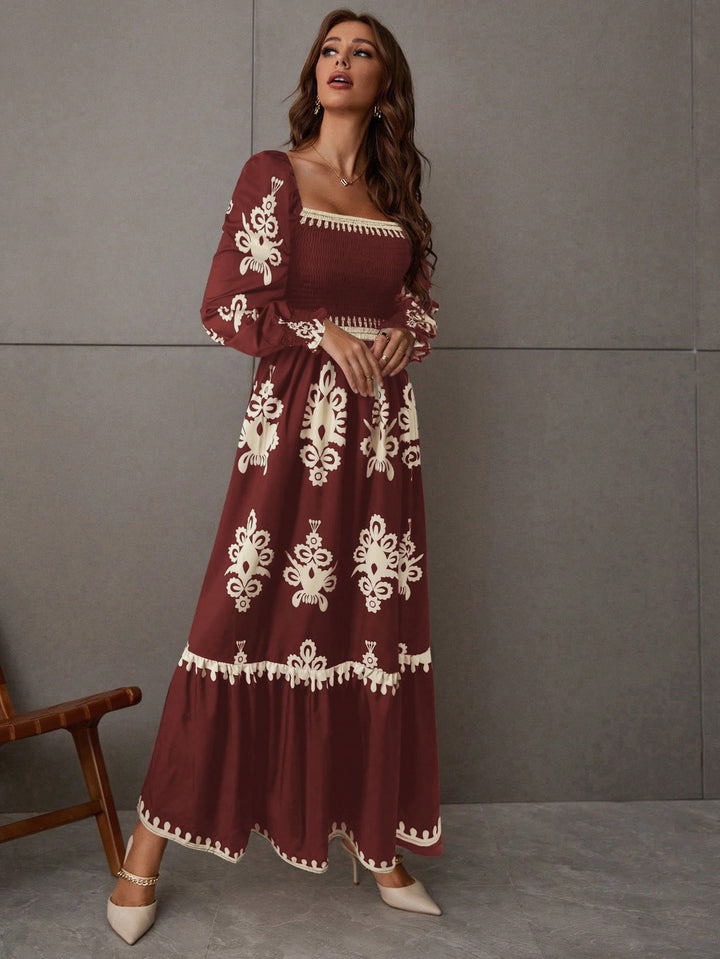Burgundy Bishop Sleeve Square Neck Printed Dress