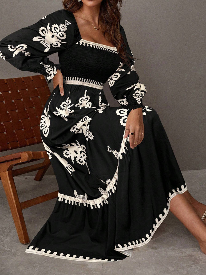 Black Bishop Sleeve Square Neck Printed Dress