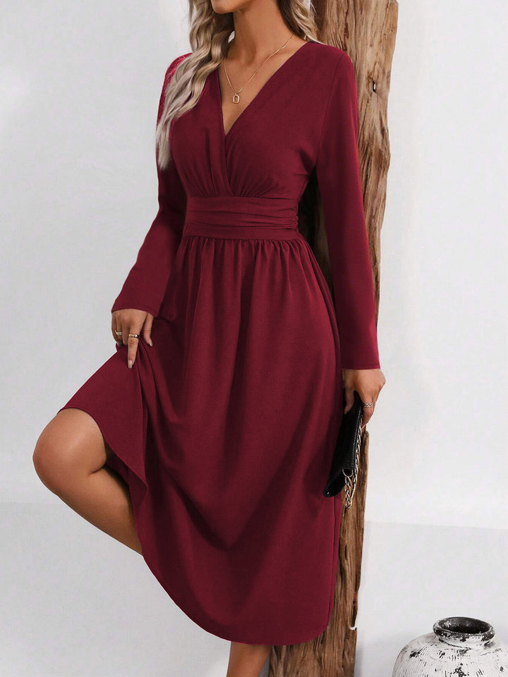 Burgundy Full Sleeve V Neck Flared Dress
