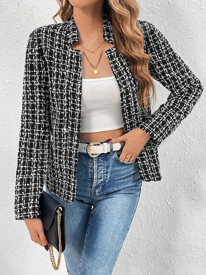 Black Full Sleeve Mandarin Collar Tweed Blazer