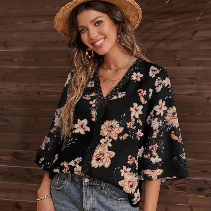 Black Short Sleeve V Neck Floral Top