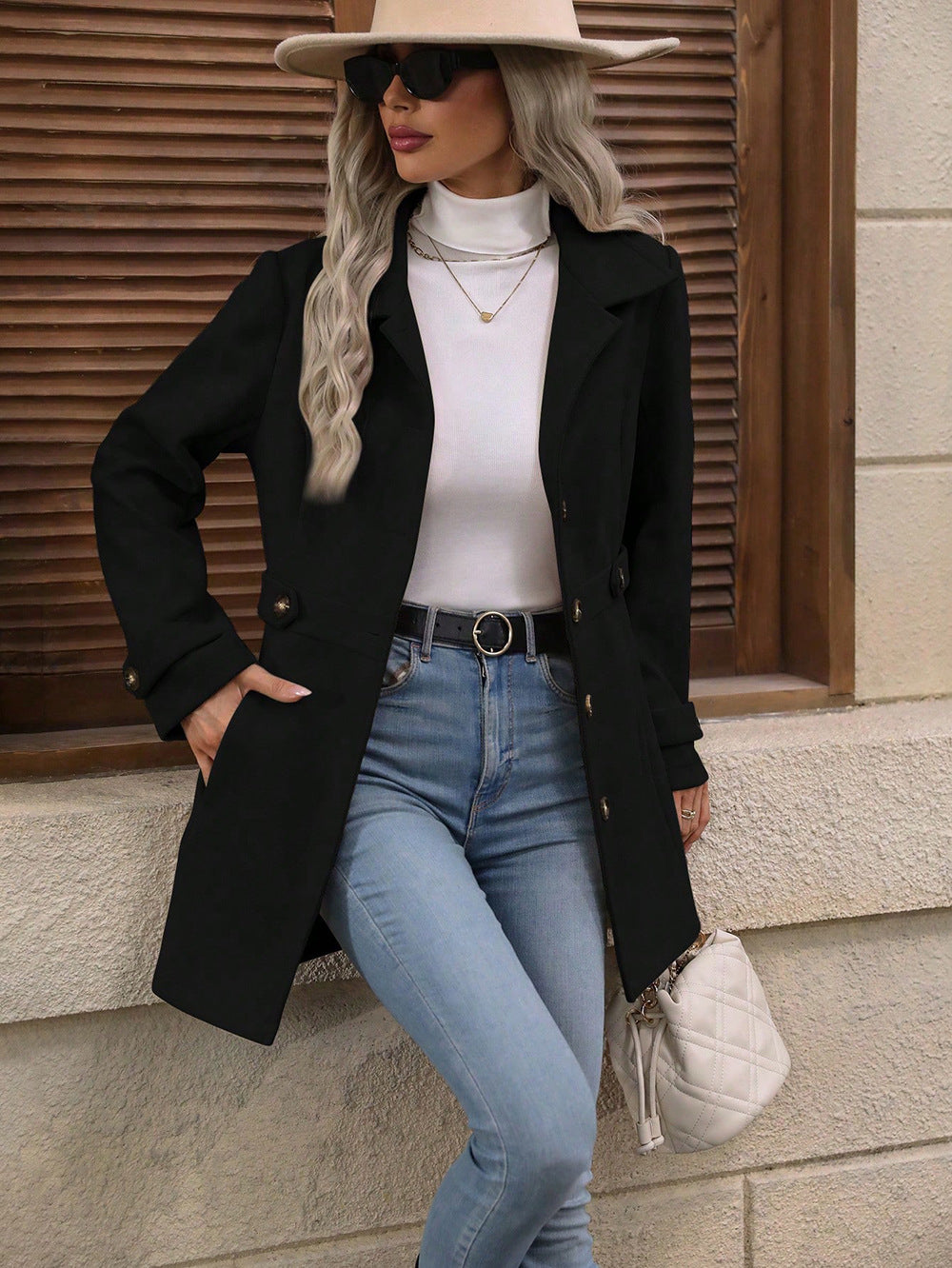 Black Big Collar Full Sleeve Long Belted Buttoned Coat