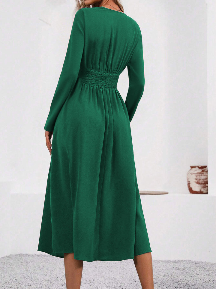 Forest Green Full Sleeve V Neck Flared Dress
