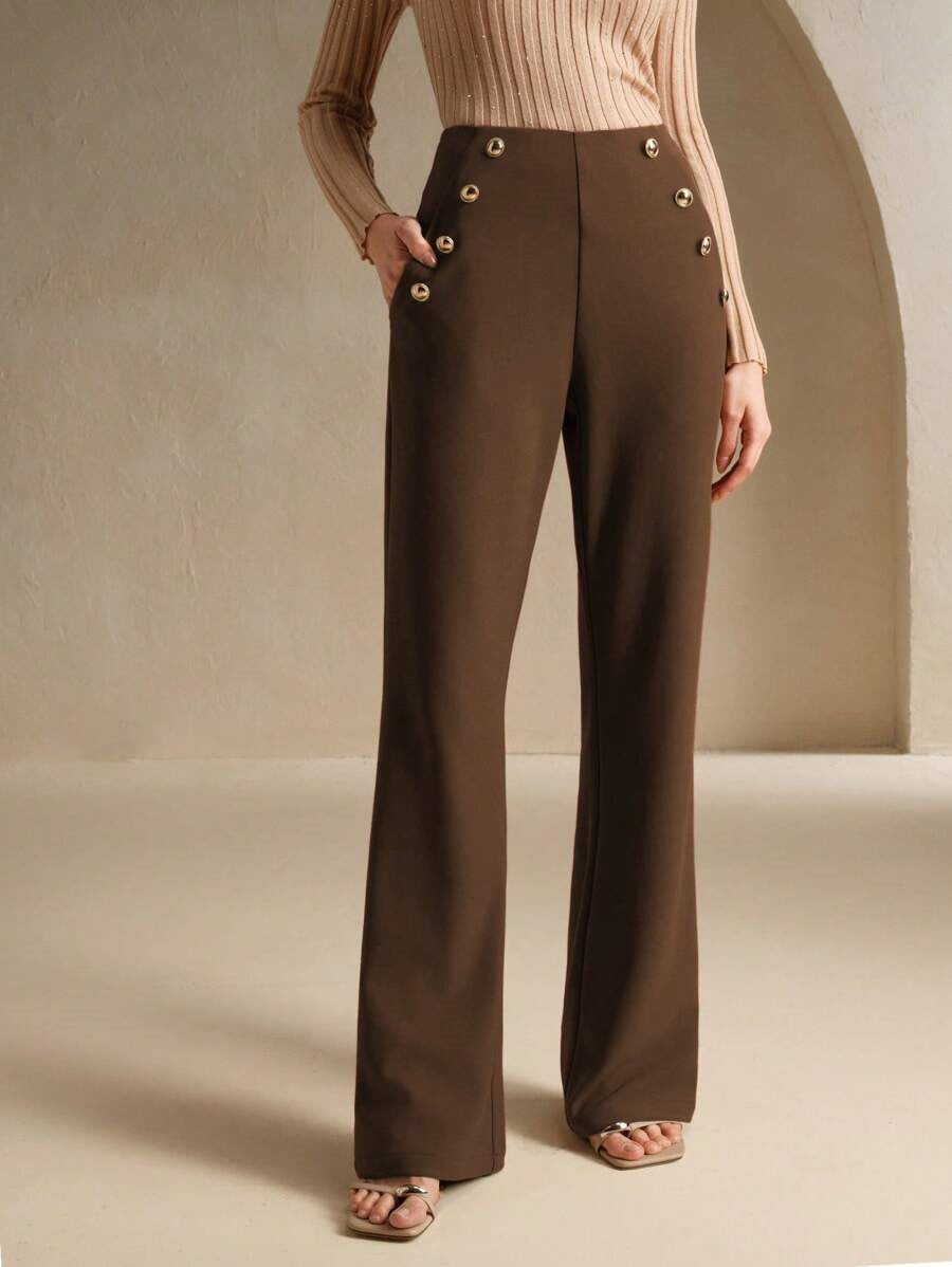 Brown High Waist Metal Trim Pant
