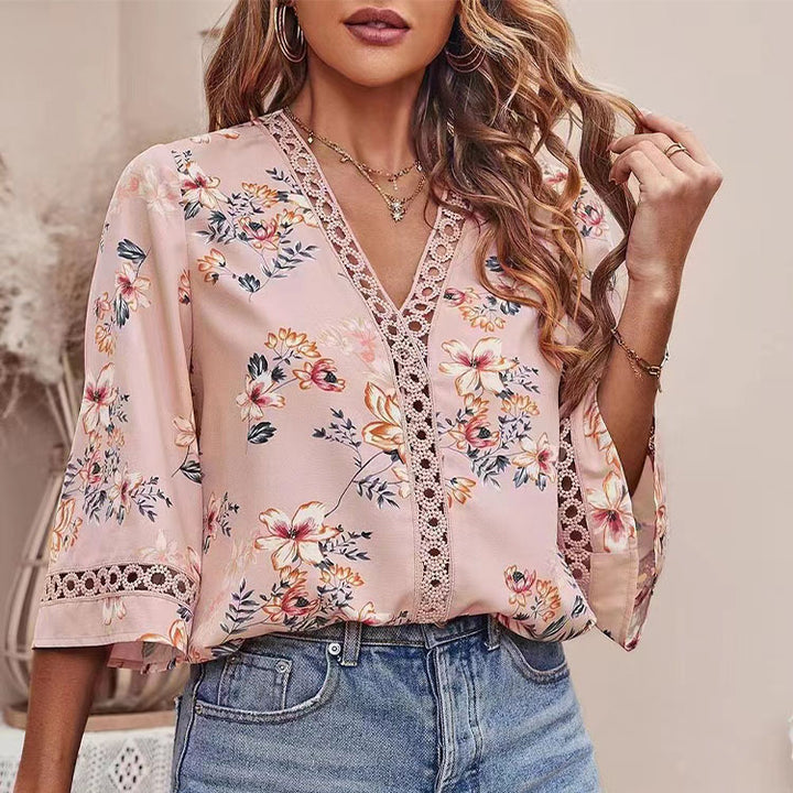 Pink Short Sleeve V Neck Floral Top