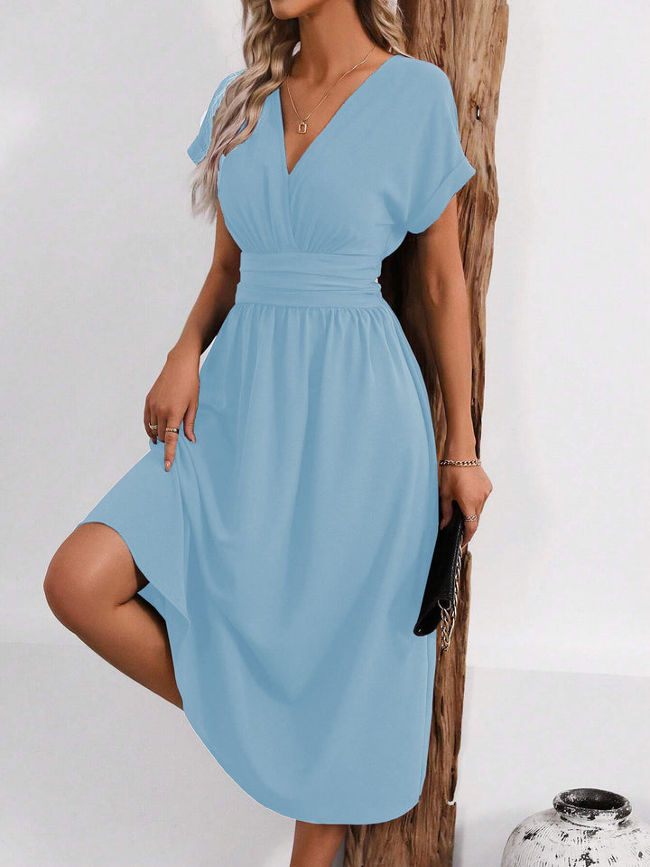 Light Blue Short Sleeve V Neck Dress