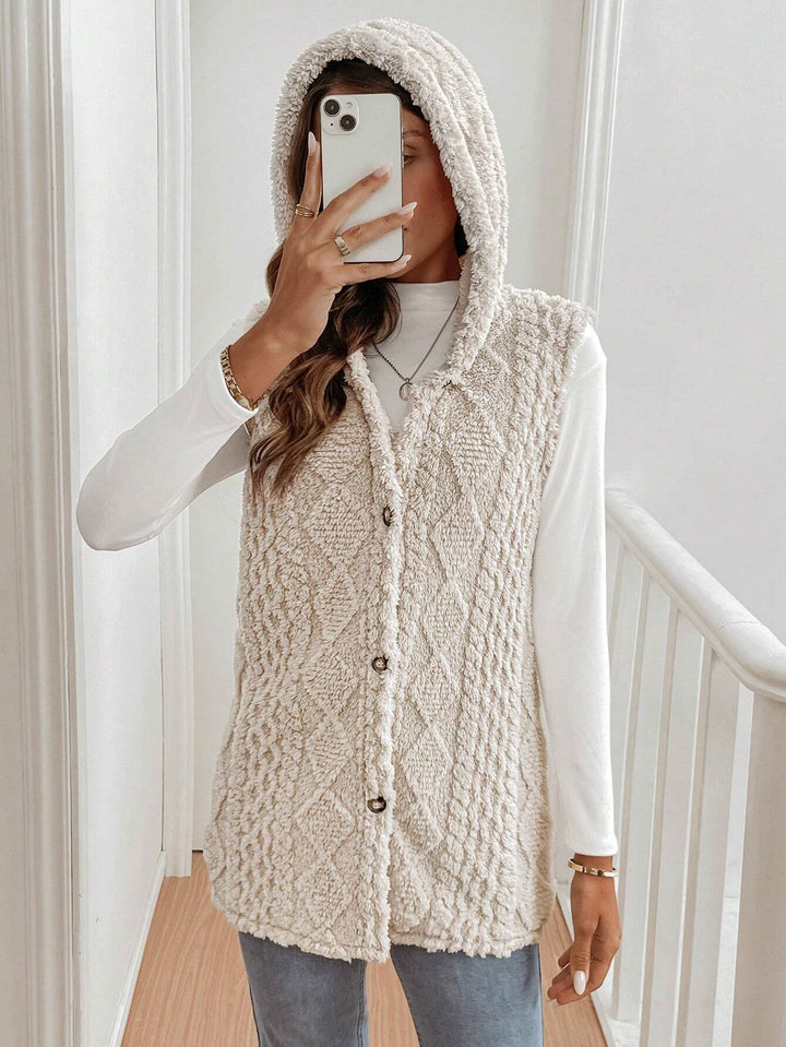 Cream Sleeveless Textured Hooded Jacket